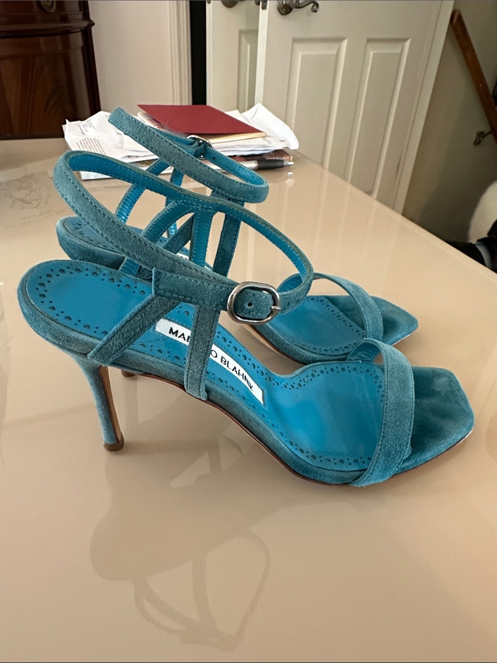 Manolo Blahnik Teal Suede Strappy Square-Toe Sandals - Picture 2 of 4